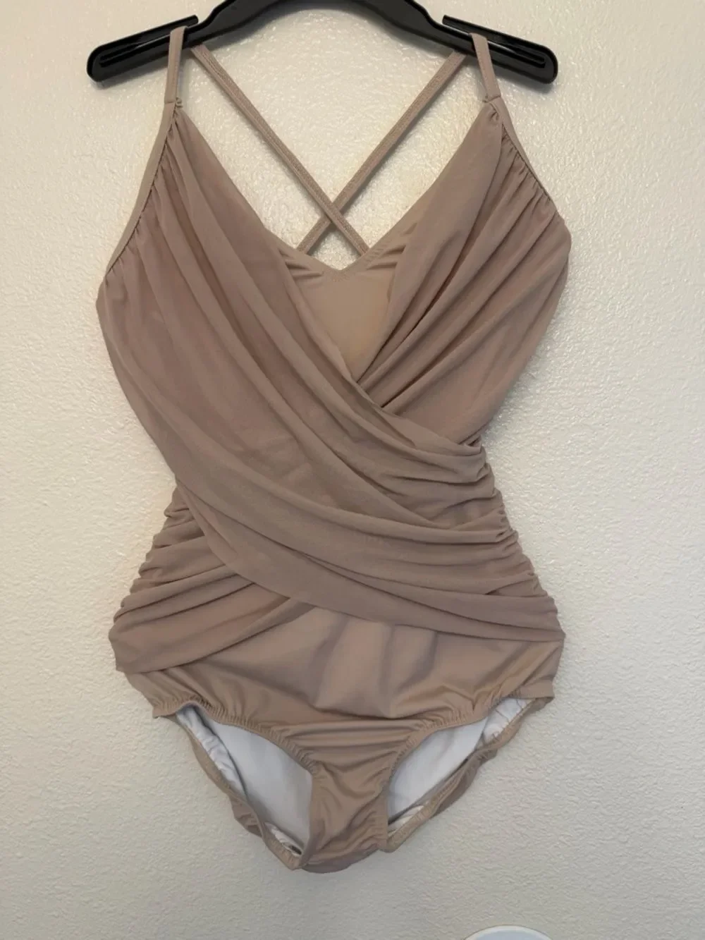 Kelle dance lyrical costume tan blush drape mesh leotard LA-Large adult